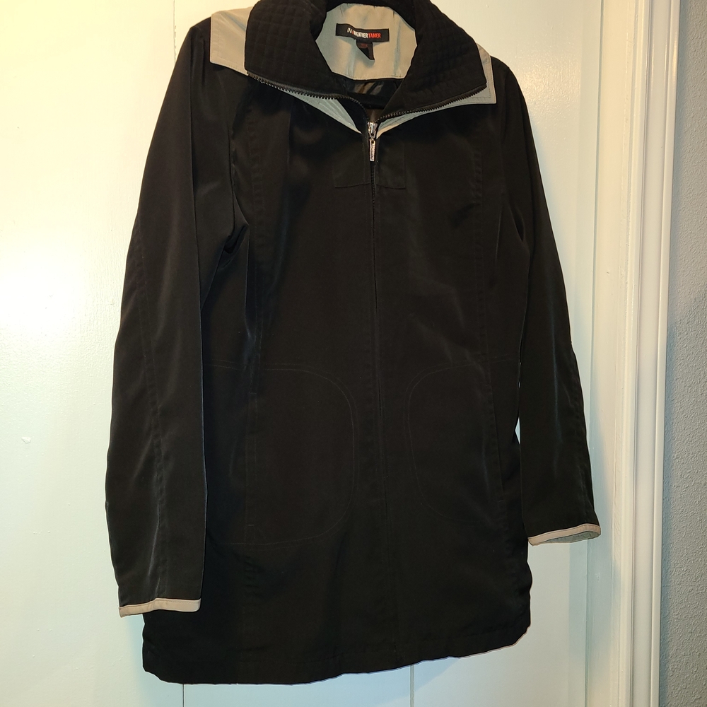 Stylish Women's Black Trench Coat with Cream Accents Size M